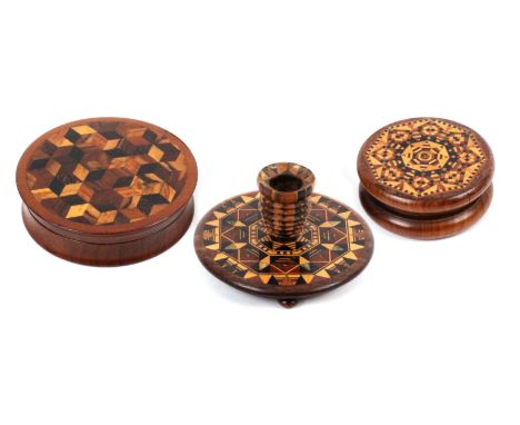 Tunbridge ware - three pieces, comprising a circular mahogany table snuff box, the lid inset with a panel of cube work, 7.5cm