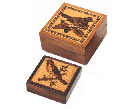 Tunbridge ware - two pieces, comprising a square mahogany box, the lid in mosaic with a bird on a branch, 6cms, and another i