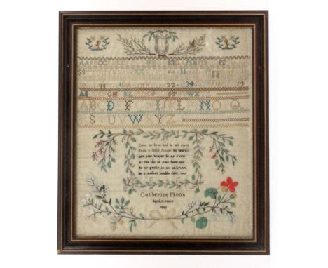 An attractive sampler 'Catherine Noon Aged 18 years 1841', worked in silk and wool with lyre flanked by branches and birds ov