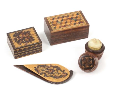 Tunbridge ware, four pieces, comprising a rosewood wax barrel with stick ware top and base, 3.6cms, a rosewood and mosaic tea