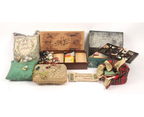 A mixed lot - sewing etc., comprising a printed tin sewing box 'CCB Treasure Box' with tray and complete with contents, 21cms