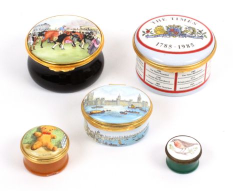 Five modern enamel boxes, three by Halcyon Days including 'The Times 1785-1985', 6cms. &nbsp; (5)