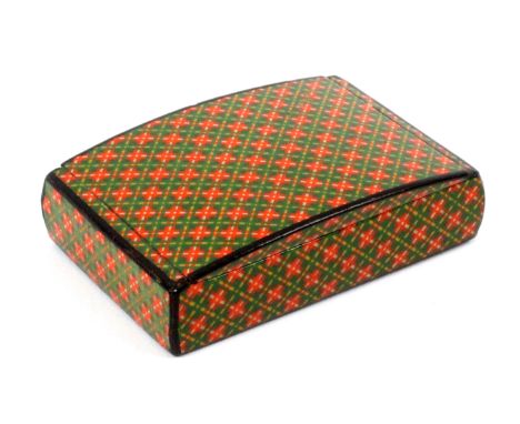 A Scottish sycamore snuff box, probably Smith Mauchline, wooden hinge, cushion lid, covered in red, yellow and green geometri