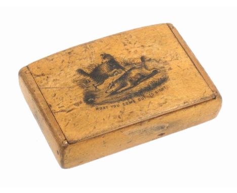 A Scottish sycamore snuff box, wooden hinge, rectangular, the lid with transfer of two dogs at a rabbit hole and titled 'Won'