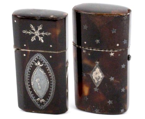 Two tortoiseshell and silver pique scent etuis, one of canted rectangular section and tapering form inlaid with ovals and wir