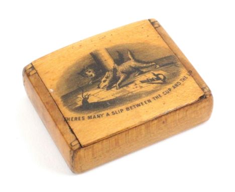 A small Scottish sycamore snuff box, wooden hinge, rectangular, the lid with transfer of dogs at a rat and titled 'There's Ma