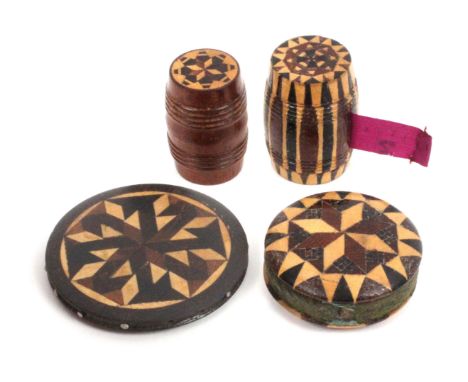 Tunbridge ware - sewing, four pieces, comprising a barrel form stick ware tape measure, the printed silk tape commencing at 2