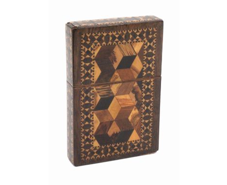A Tunbridge ware rosewood card case, of rectangular form, pull off top, the whole decorated in geometric stick ware, 7.4 x 1.
