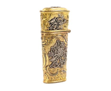 An elaborate 18th Century silver and silver gilt travelling etui, of oval section and tapering form, the gilt ground of 'C' s