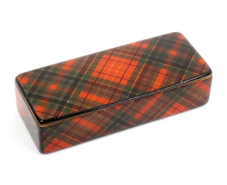 A Tartan ware snuff box (Caledonia - unusually titled to back of base), wooden hinge, foil 95%, stamped to interior base 'War