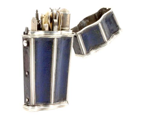 An 18th Century silver cased travelling etui, French, the case with panels of blue leather within reeded silver framework and