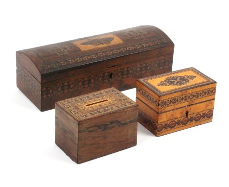 Three Tunbridge ware pieces, comprising a rosewood rectangular box, the sides with a band of stick ware, the domed lid centre