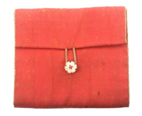 A silk hussif, circa 1820, in pale red silk, neatly stitched edges, pearl button and cord retainer, opening to reveal a pocke