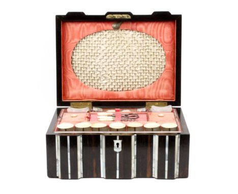 A well fitted coromandel wood and mother of pearl sewing box by T. Forgie, circa 1850, of rectangular form, the lid and front