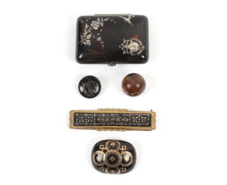 Five tortoiseshell and pique work pieces, comprising a rectangular purse, one side inlaid in silver with a dragonfly, floweri