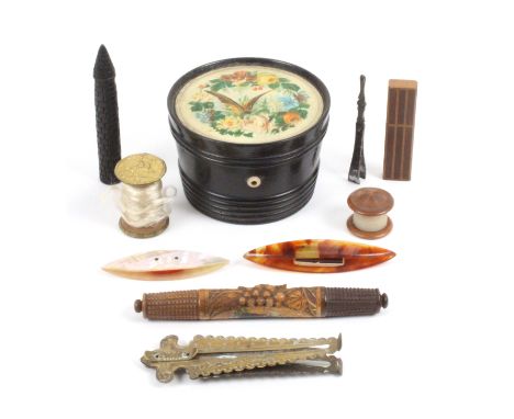 A mixed lot, sewing, comprising a black ground Mauchline ware reel tub with floral butterfly top, internal label 'The MEQ Six