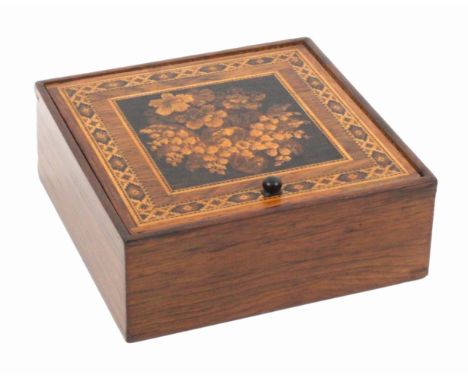 A Tunbridge ware rosewood handkerchief box, of square form, the pin hinge lid with a mosaic panel of a bouquet of flowers wit