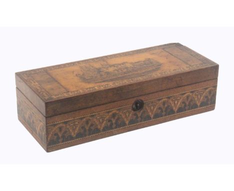 A Tunbridge ware rosewood netting box, of rectangular form, the lid with a mosaic panel of Eton College, within a mosaic bord