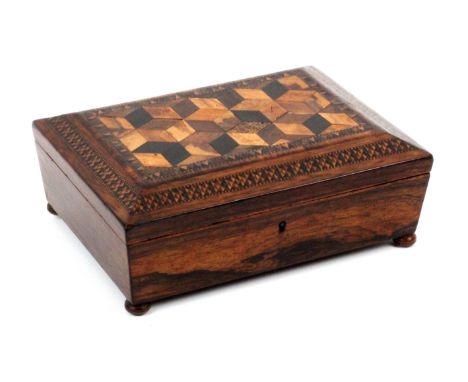 A small Tunbridge ware rosewood sewing box, of sarcophagol form raised on bun feet, the lid with a panel of cube work within 