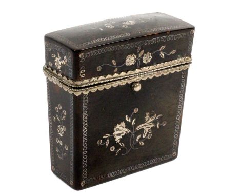A tortoiseshell and silver pique travelling etui, of rectangular form, the four sides, top and base all inlaid with trailing 
