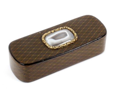 A Scottish sycamore snuff box, by Stiven, wooden hinge, of rounded end rectangular form covered in yellow on brown trellis pa