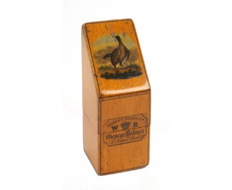 A rare Scottish sycamore needle packet box with retailers inscription, of tall square form, the lid painted with a bird in hi