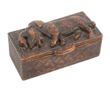 A Scottish 'blind man' deep carved sycamore snuff box, wooden hinge, the lid with a dog, a duck in his mouth, the front sides