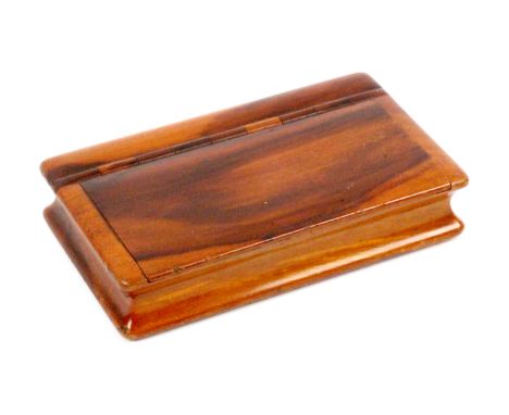 A Scottish figured wood snuff box, by Milne, wooden hinge, cushion lid over concave sides, foil 10%, stamped to the lid inter