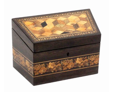 A Tunbridge ware coromandel wood stationery box by Thomas Barton, of trapezoid form, the sides with a broad border of floral 