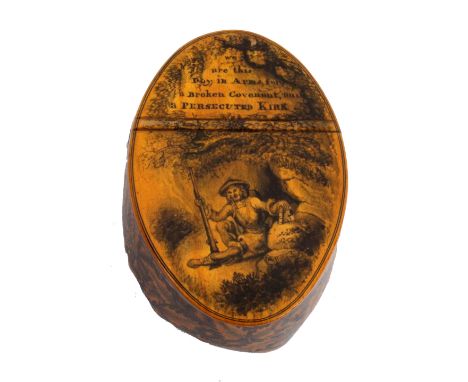 A Scottish burr wood and pen work snuff box, of oval form, the wooden hinge lid with a pen work scene of a soldier by the mou