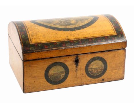 A white wood paint and print decorated Tunbridge ware box, of rectangular form, the front with two untitled circular prints d