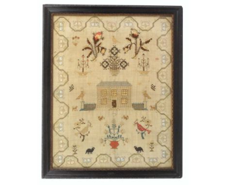 An attractive sampler 'Ann Dunham', circa 1800, worked with flowering branches and jardinieres, birds, birds in branches, bla