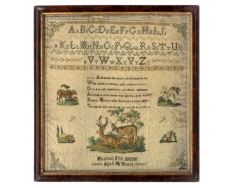 An attractive sampler 'Hannah Fitt, Aged 14 Years', undated, circa 1830, worked with alphabets and numerals over a verse and 