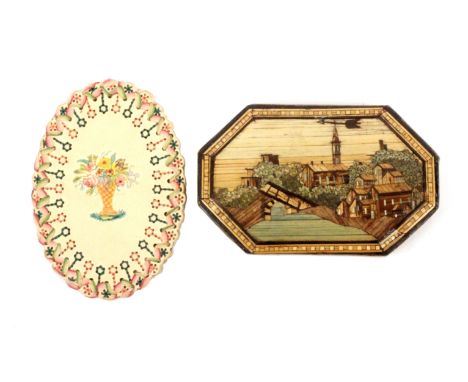 Two purses, comprising a split and coloured straw work example of elongated octagonal form, one side with a view of a riversi