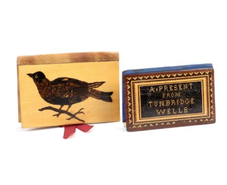 Tunbridge ware - sewing, two pieces, comprising a white wood needle book, one side with inset mosaic of a bird, the other a m