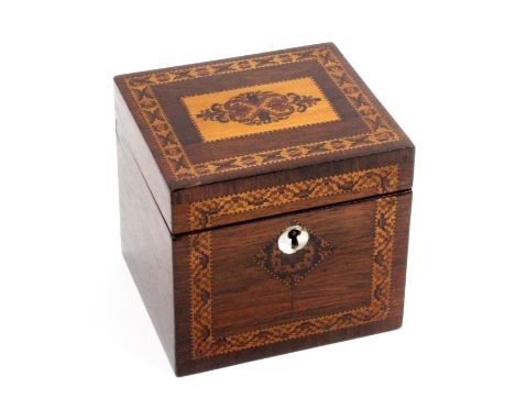 A Tunbridge ware rosewood tea caddy, of near square form, the front with a border of geometric mosaic with a mosaic diamond f