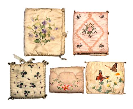 Five late Victorian / Edwardian silk handkerchief cases, three with painted decoration and two embroidered, largest 22 x 26cm