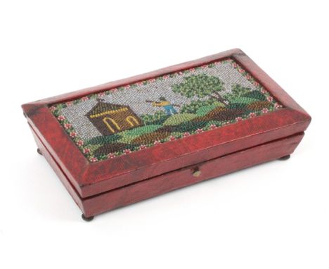 A rare Palais Royal small format sewing box, circa 1830, the case of sarcophagol form raised on bun feet and covered in red l