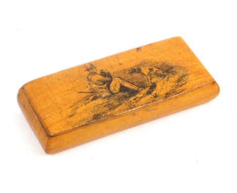 A Scottish sycamore snuff box, wooden hinge, rectangular, the lid with pen work scene of a huntsman in top hat holding a falc
