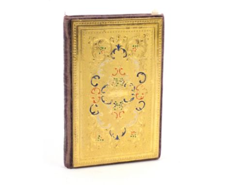 A velvet and gilt mounted Souvenir style needle packet / tool book, fancy gilt brass scroll decorated covers with coloured hi