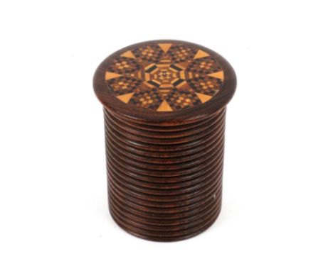 A Tunbridge ware rosewood rib turned cylinder box with unusual label for Henry Hollamby, the screw lid in mixed mosaic and st