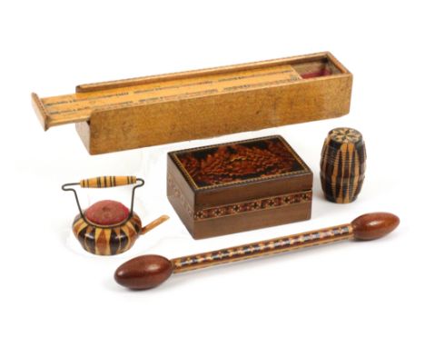 Tunbridge ware, five pieces, comprising a white wood rectangular pencil box, the sliding lid with geometric bandings, 14cms, 