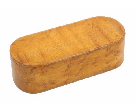 A Scottish burr sycamore wooden hinge snuff box by Stiven, of rounded end rectangular form, stamped to base interior 'C. Stiv