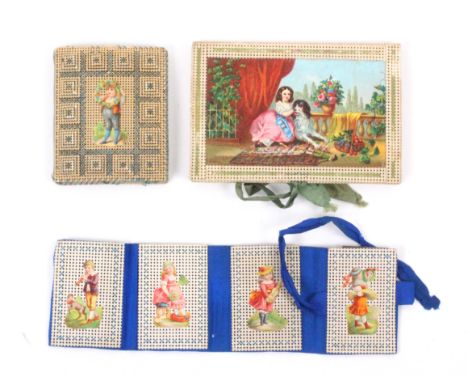 Three Bristol card needle books, comprising a scrap decorated concertina example with four numerical stitched compartments, 1