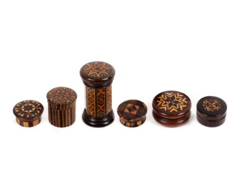 Six Tunbridge ware cylinder boxes, comprising a rosewood mosaic decorated 'go to bed', bone lid mount lacking, 6.1cms high, a