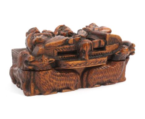 A Scottish 'blind man' deep carved sycamore snuff box, wooden hinge, the lid with landlady and baby flanked by Souter Johnnie