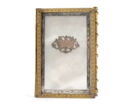 A Palais Royal note book holder, the mother of pearl cover with inset silver cartouche within silver border and gilt metal fl