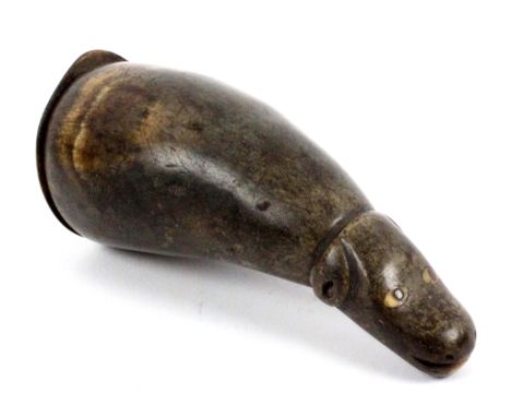 A Scottish horn snuff box, hinged cover with cork, the terminal carved as an animal head with oval bone eyes, 10cms.