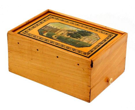 A white wood paint and print decorated Tunbridge ware reel box with drawer, by George Wise, plain sides, the sliding lid with