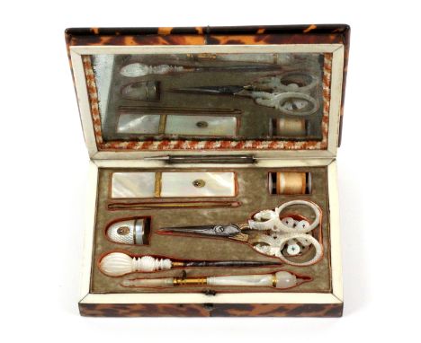A good Palais Royal small format sewing box in tortoiseshell, circa 1830, the rectangular case with inward curving lid rising